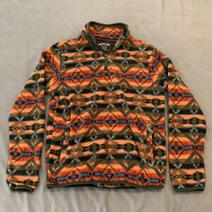 MBX Jacket Mens Small Orange Green Fleece Quarter Zip Southwestern Tribal Print